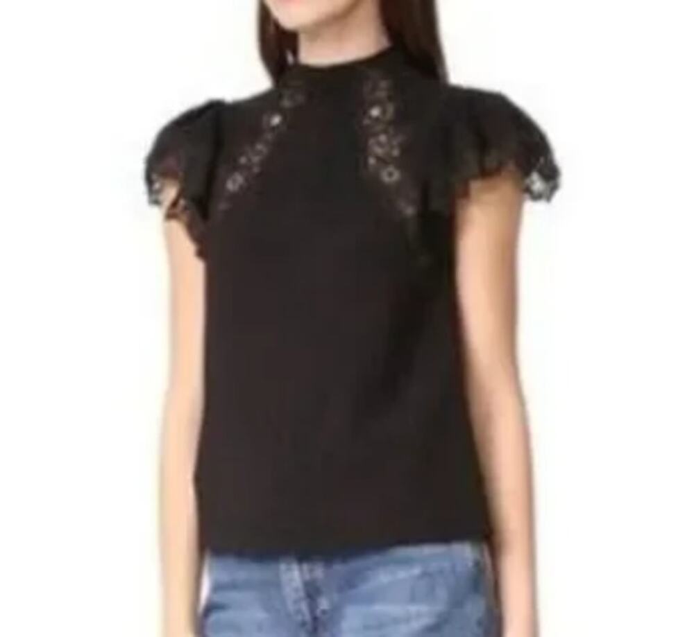 *Rebecca Taylor Lace Trim Black Cap Sleeve Top Mock Neck sz 2